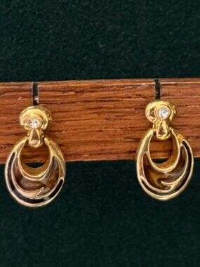 VINTAGE Kerissa Gold Tone Black Brown Glitter Enamel Inlay Earrings